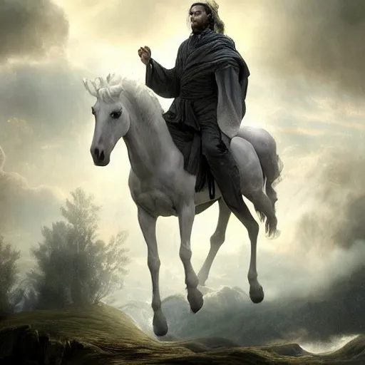 Image similar to a masterpiece!! matte painting of a handsome!! man riding on a majestic!! white horse with eyes like flames!!!, many crowns!! upon his head, a robe dipped in blood!, by gustav dore and paul barson, 8 k, uhd, trending on artstation, octanerender!!, crepuscular!!