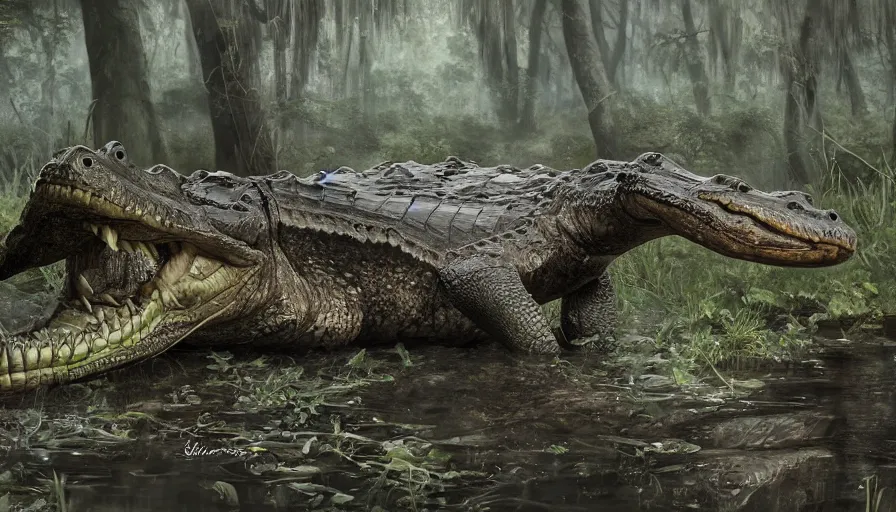Prompt: Giant alligator in the swamp with hunters around trying to kill it, hyperdetailed, artstation, cgsociety, 8k
