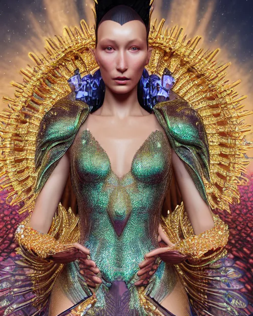 Image similar to a highly detailed metahuman 4 k close up render of an alien goddess bella hadid as goddess of love in iris van herpen dress schiaparelli in diamonds crystals swarovski and jewelry in style of alphonse mucha gustav klimt trending on artstation made in unreal engine 4