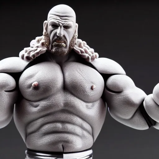 Image similar to Full body shot of a highly detailed flexible Triple H vinyl plastic figurine as a villain, highly detailed face, white background, 3d, high quality, depth of field, high contrast, 8k, concept art, smooth, sharp focus, highly detailed, wrestling, WWE