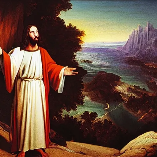 Image similar to Jesus wearing a VR Headset while preaching on Mount Sinai, highly detailed, 18th century painting