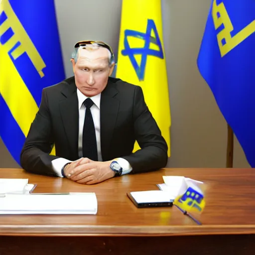 Prompt: valdimir putin sitting in a desk, a Ukrainian flag is behind him, 8k