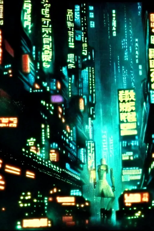Prompt: long shot from the film blade runner, style of yoshii chie, cinematic, highly detailed