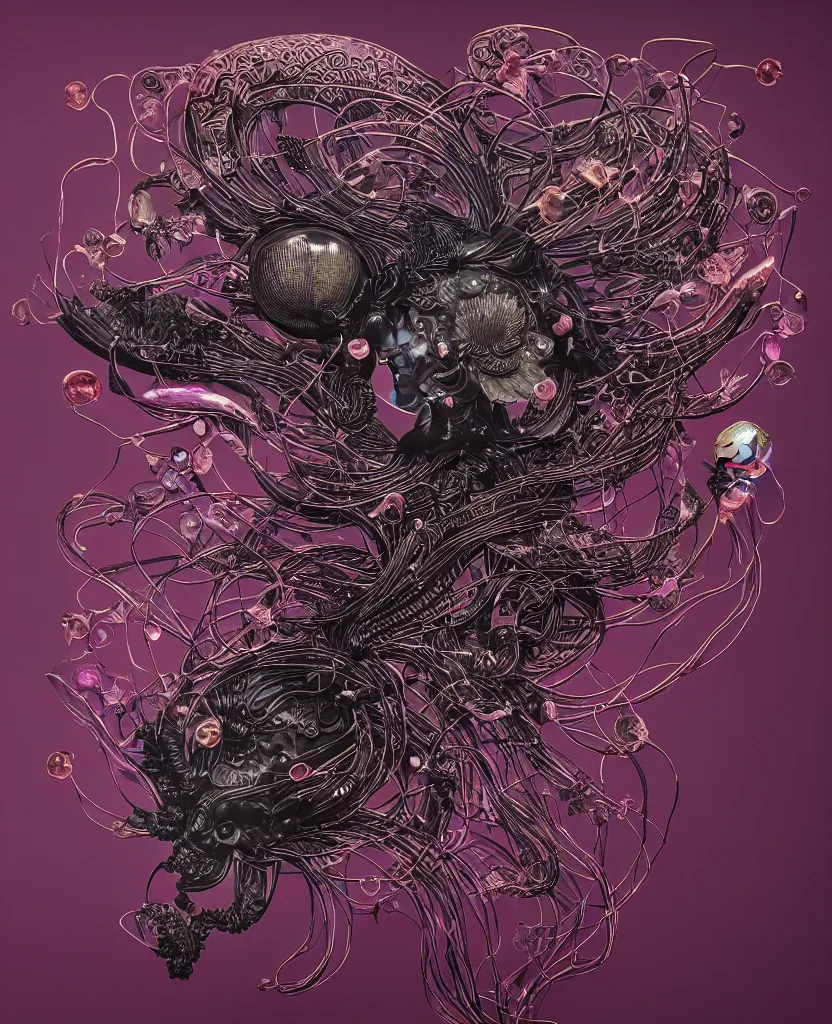 Image similar to fully black background. background hex 000000. goddess princess face close-up portrait ram skull. japanese coloured paper bas relief paper sculpture. jellyfish phoenix head, nautilus, orchid, skull, betta fish, bioluminiscent creatures, intricate artwork by Tooth Wu and wlop and beeple. octane render, trending on artstation, greg rutkowski very coherent symmetrical artwork. cinematic, hyper realism, high detail, octane render, 8k