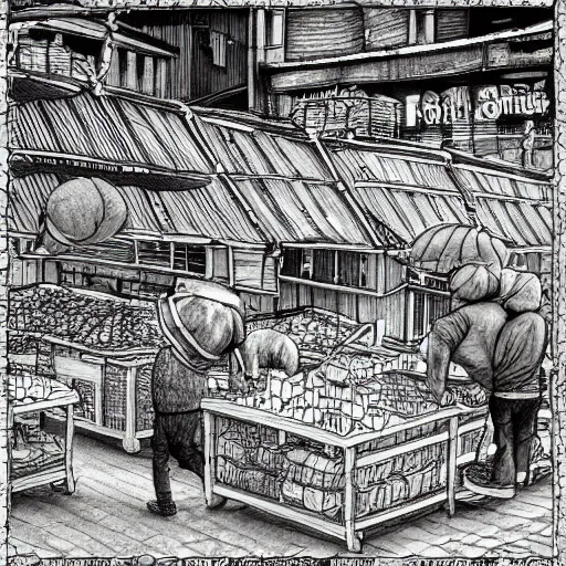 Prompt: a black and white drawing of a fish market, a storybook illustration by mattias adolfsson, behance contest winner, modern european ink painting, matte drawing, storybook illustration, cityscape