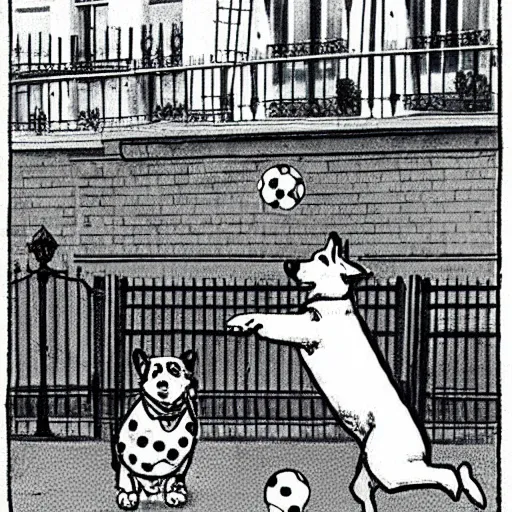 Image similar to illustration of french boy on the streets of paris playing football against a corgi, the dog is wearing a polka dot scarf, comic, 1 9 7 2