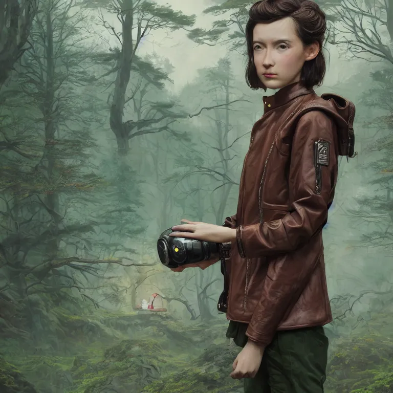 Image similar to highly detailed portrait of alone androgynous girl wearing bakelite leather jacket, bakelite rocky mountains, moss green japanese haunted forest background, by hsiao - ron cheng and artgerm, modular synthesizer helmet backpack, the grand budapest hotel, glow, no crop, digital art, artstation, pop art