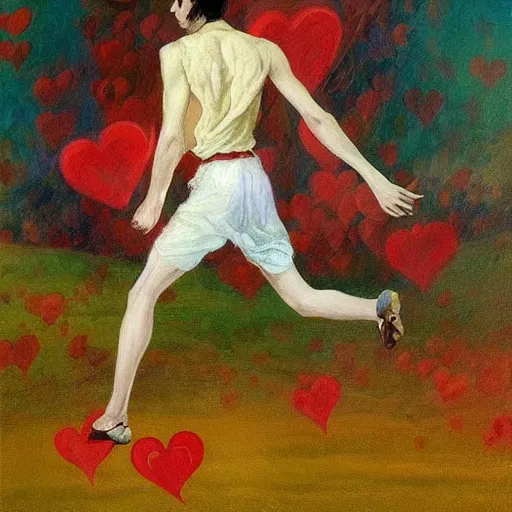Prompt: a beautiful painting of a thin man running after hearts floating in the air through beautiful fields. in his arm he has a basket full of hearts. in style of ilya repin, trending on artstation