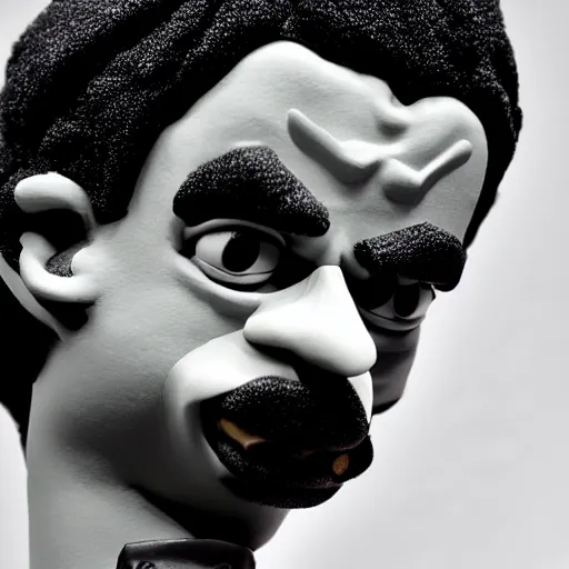 Image similar to a cartoon claymation medium close up sculpture of Playboi Carti, in the style of Tim Burton, black and white, high contrast