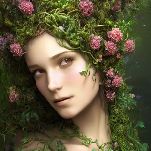 Image similar to ultra realistic 3 d render of a nature goddess made of vines and flowers rising out of the water by charlie bowater, beautiful, bioluminescent, ethereal, mist