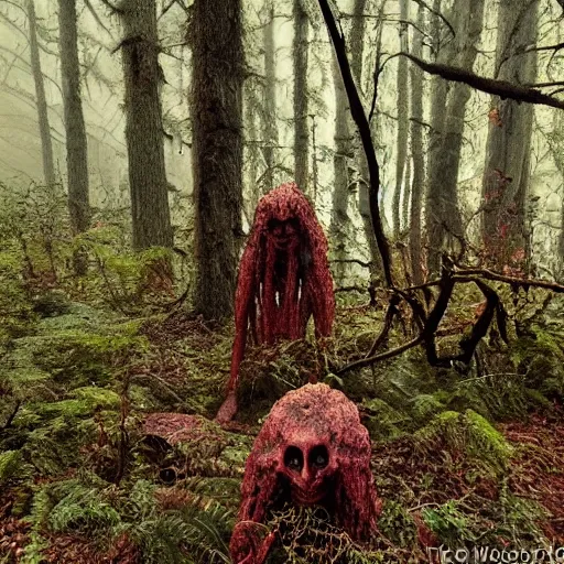 Prompt: elder demons from the abyss in a misty forest, red webs and fungus, trail camera footage