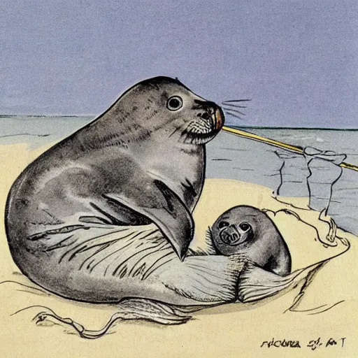 Prompt: baby seal clubs fisherman, caricature
