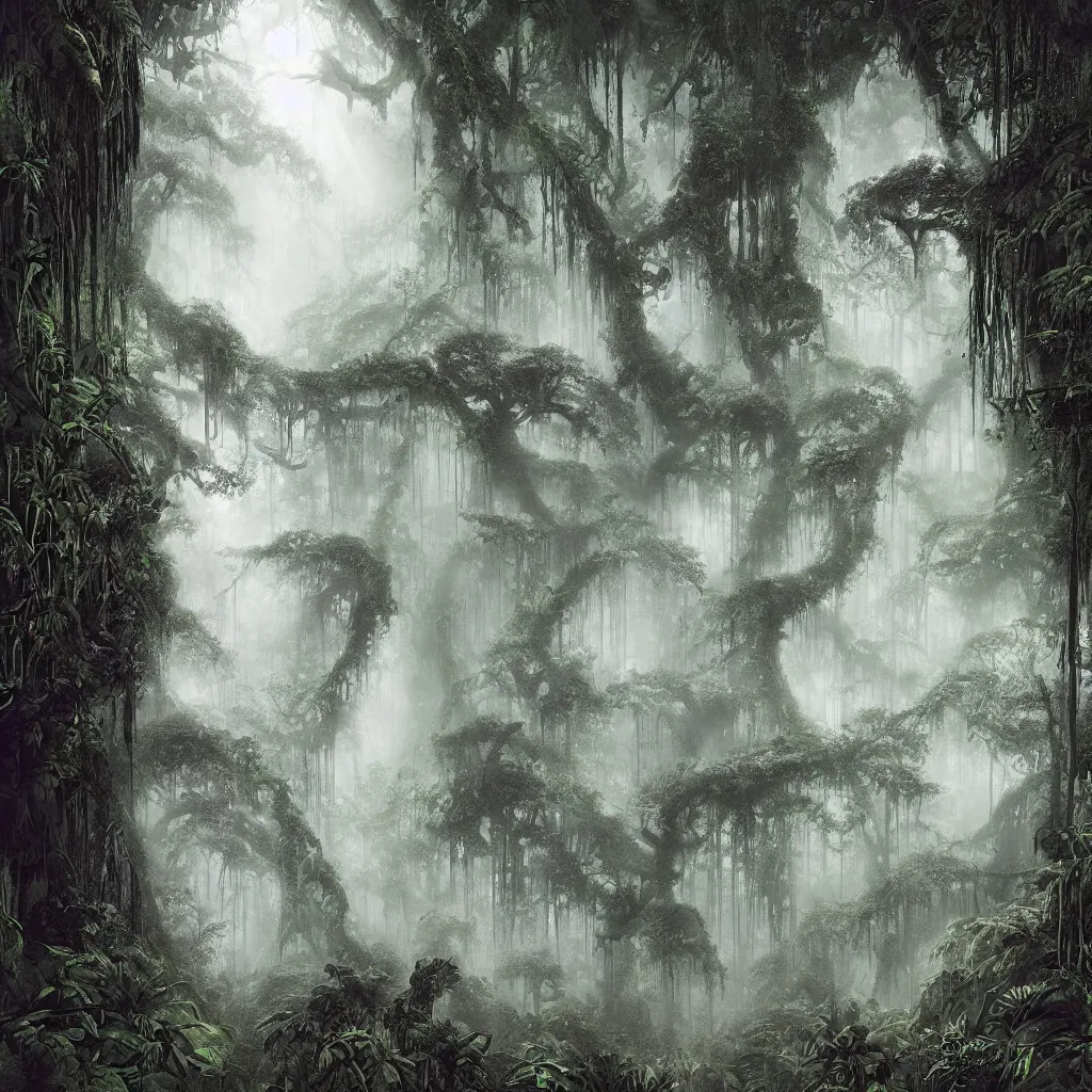 Prompt: a dark enchanted rainforest jungle at night, upward cinematic angle, thick mist, by rodney matthews, michael kaluta, bernie wrightston, and stephen gammell, ghostly low light, stunning composition, intricate, elegant, digital art, hyperdetailed, full color mixed media painting, hyperrealistic, sharp focus, 8k