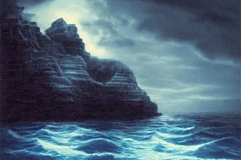 Prompt: photorealistic blue - toned photo of a cruise ship sailing near a tropical skull - shaped cliff, dark, brooding, atmospheric, lovecraft, horror, smooth, epic, highly detailed, cinematic, by clyde caldwell