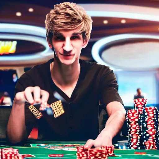 Image similar to film still of xqc gambling in Vegas, 4k, photorealism, artstation style