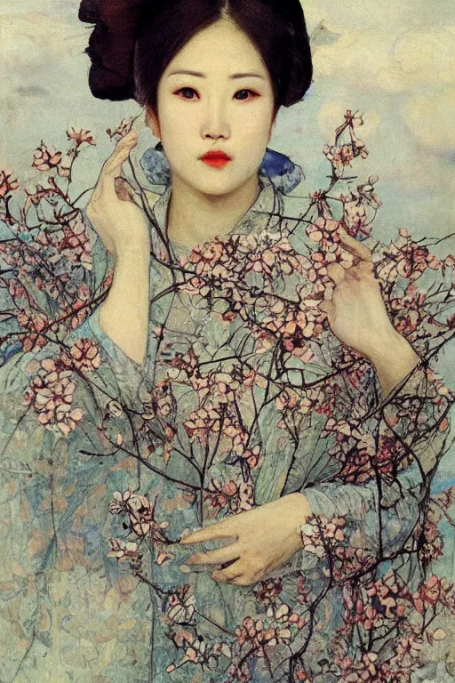 Image similar to close - up fashion asian woman portrait airy flowers sacura cloudy sky art by vasnetsov