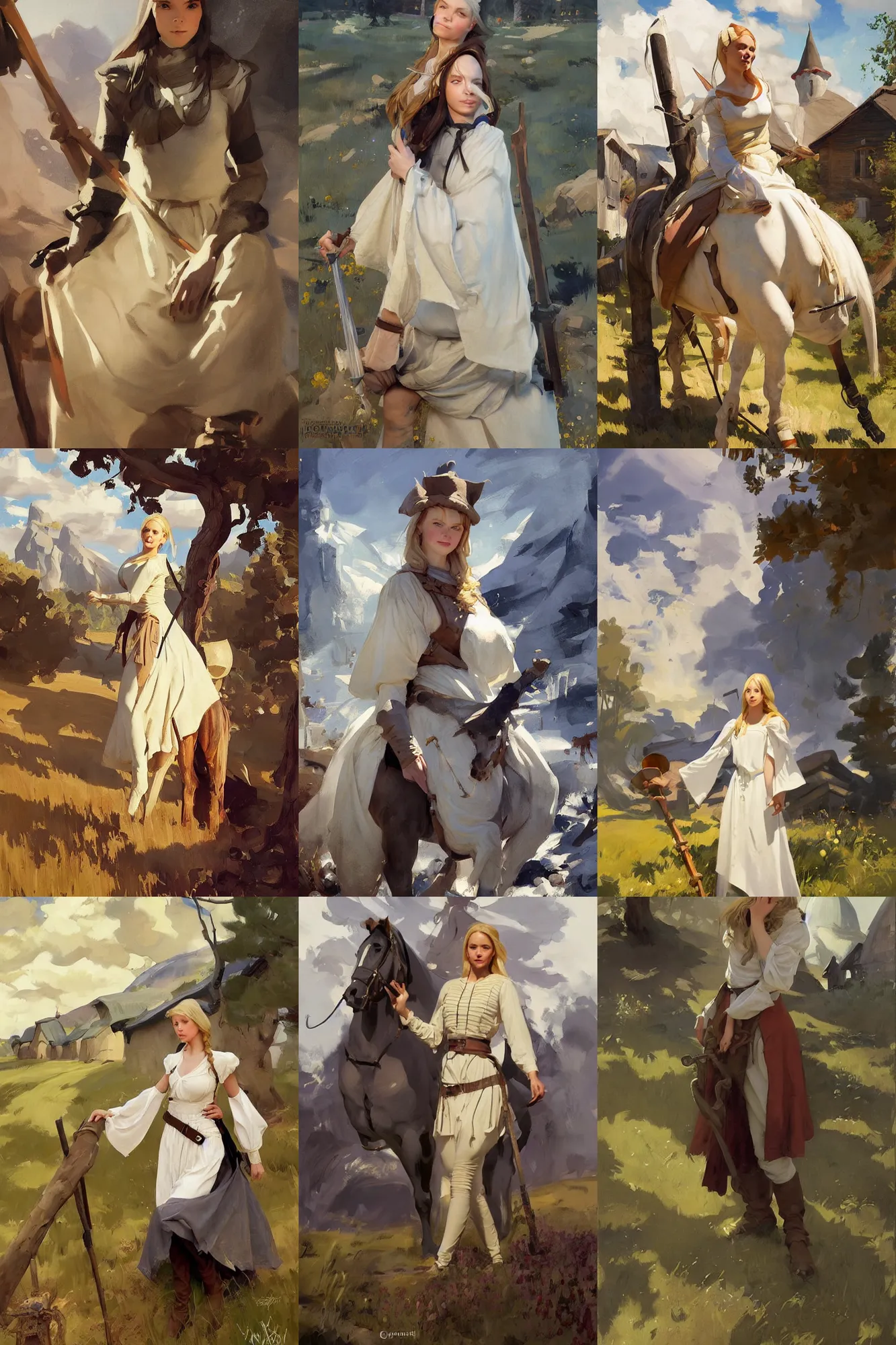 Prompt: portrait of medieval village finnish norway scandinavian maiden in the field jodhpurs greg manchess painting by sargent and leyendecker, studio ghibli, fantasy, medium shot, asymmetrical, intricate, elegant, matte painting, illustration, hearthstone, by greg rutkowski, by greg tocchini, by james gilleard, by joe fenton