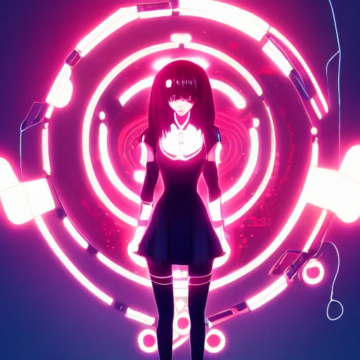 Image similar to digital anime in the style of arcane!!, cyborg - girl hacking into the reality, black red long hair!, biomechanical details, neon background lighting, reflections, wlop, ilya kuvshinov, artgerm