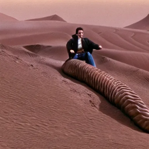 Image similar to A still of Agent Cooper from Twin Peaks riding a giant sandworm in Dune (1984)