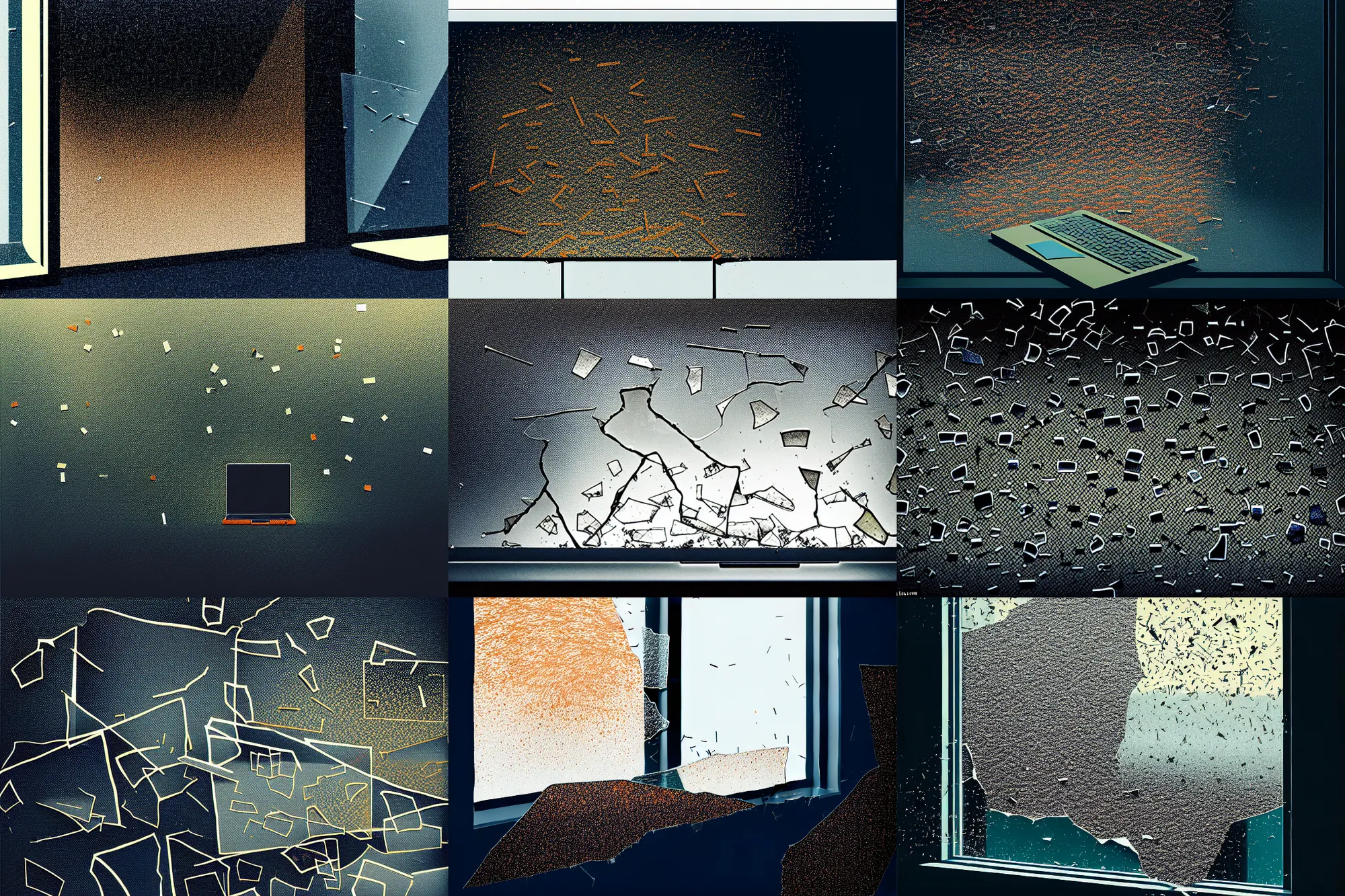 Prompt: editorial illustration by karolis strautniekas and mads berg, office interior, tiny amount of small shattered glass shards covering a broken laptop, near a window window, fog, fine texture, detailed, muted colors, film noir, dramatic lighting, dynamic composition, vivid, orange + dark blue + black + beige