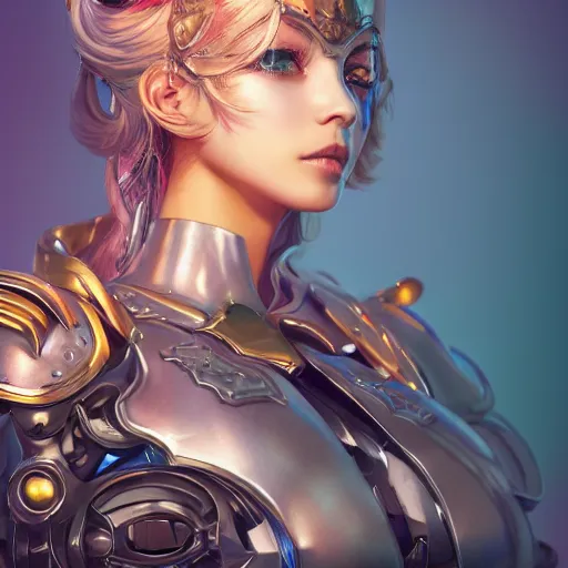 Image similar to studio portrait of lawful good colorful female holy mecha paladin absurdly beautiful, elegant, young sensual graceful woman, ultrafine hyperrealistic detailed face illustration by kim jung gi, irakli nadar, intricate linework, sharp focus, bright colors, matte, octopath traveler, final fantasy, unreal engine highly rendered, global illumination, radiant light, intricate environment