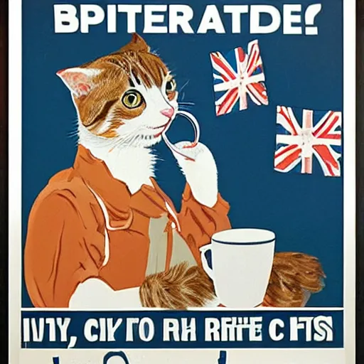 Image similar to british cat sipping on tea, propaganda poster