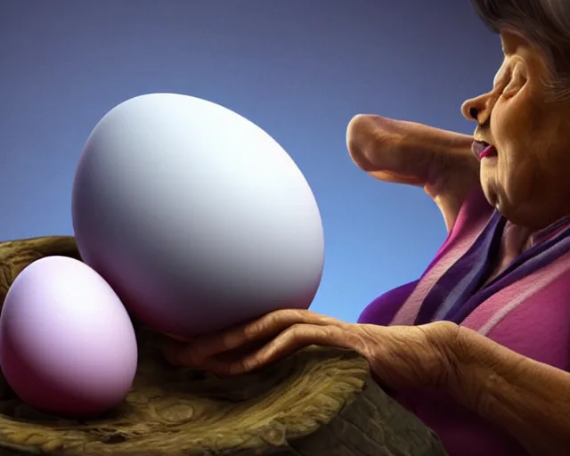 Image similar to of a very beautiful scene. ambient occlusion render. a sweet fat old woman is giving birth a beautiful colorful huge egg. hyper realistic. 4 k. wide angle. wild. symmetrical face, red mouth, blue eyes. deep focus, lovely scene. ambient occlusion render. concept art. unreal engine.