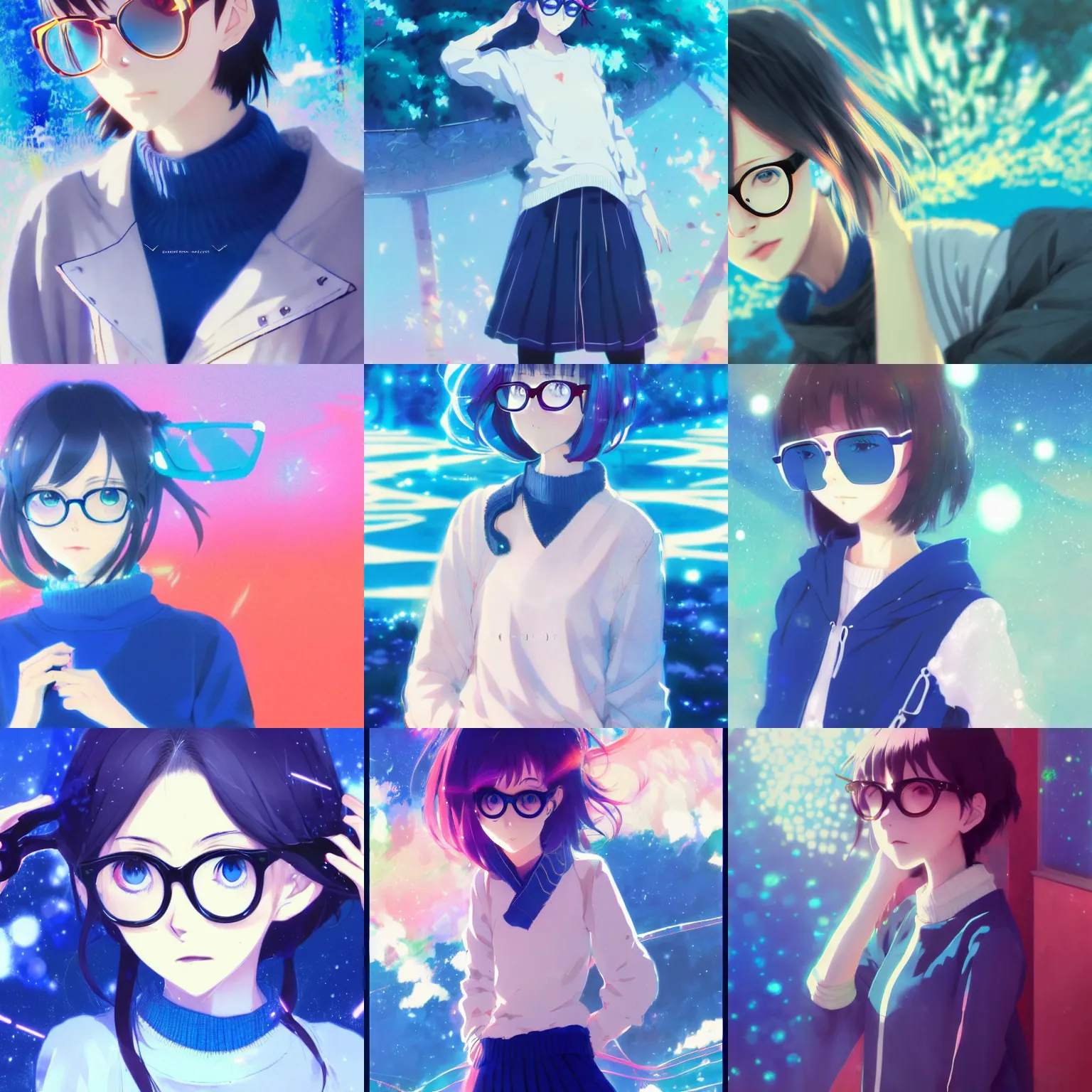 Prompt: anime cute girl in blue sweater white white pale hair black wayfarer glasses standing psychedelic background by greg rutkowski makoto shinkai kyoto animation key art feminine mid shot