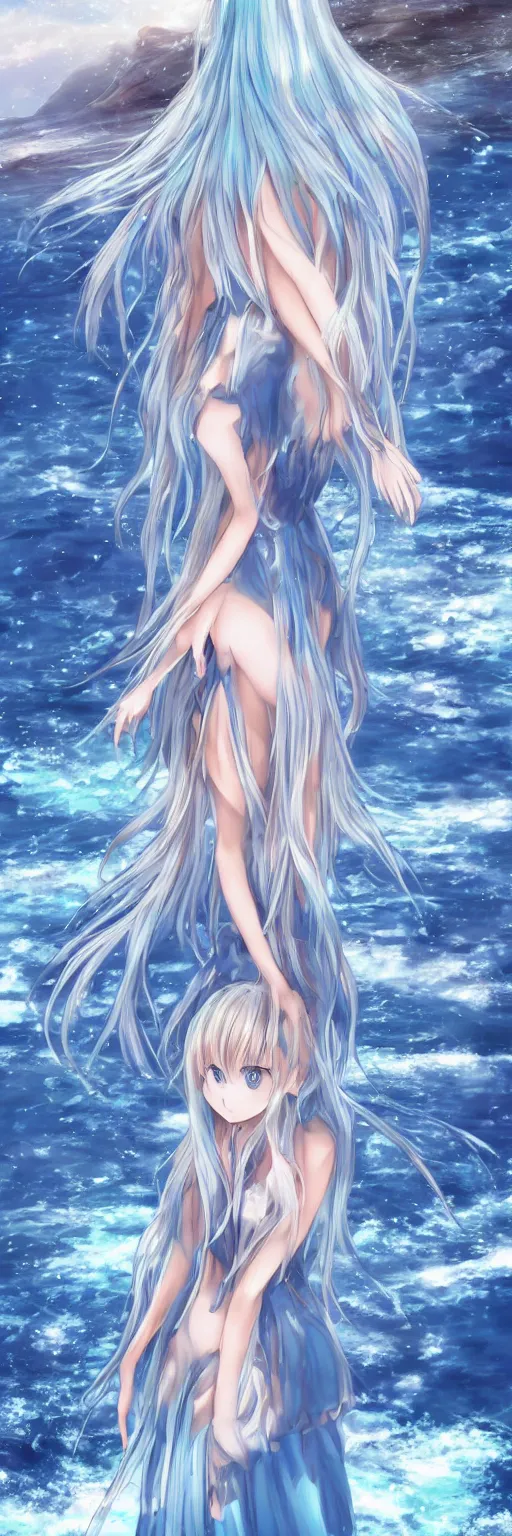 Image similar to advanced digital anime art, a very cute gorgeous teenage girl wearing a dress made of water standing in a reflective lake, full body, very long snow colored hair, sky blue highlights in hair, red fiery watery eyes, full round face, dramatic cinematic lighting, wideshot, highly intricately detailed, trending on pixiv, Artstation, painted by Rossdraws and the style of Sakimimichan