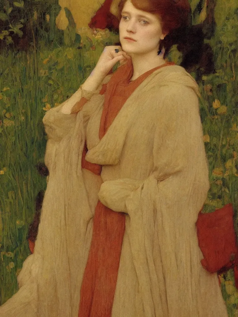 Image similar to A Beautiful Portrait Tableau of Elizabeth Fraser by Thomas Cooper Gotch, Pre Raphaelite, Art Nouveau