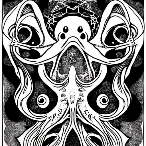 Prompt: abstract illustration of a cute cthulhu sticker by joe fenton , black and white, line art, intricate details