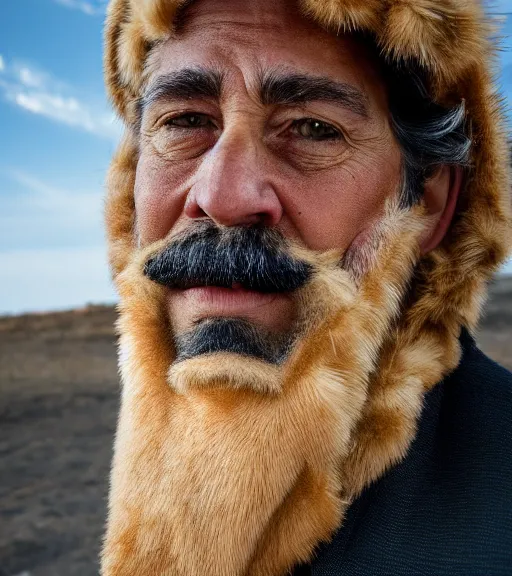 Prompt: detailed attractive characther portrait of jimmy faloon wearing oversized cow skin jacket and gold beard, realistic, wide angle, dramatic light 8 k