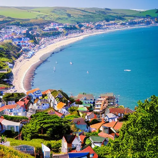 Image similar to down angled view of an seaside town, ocean, town, beach, hills