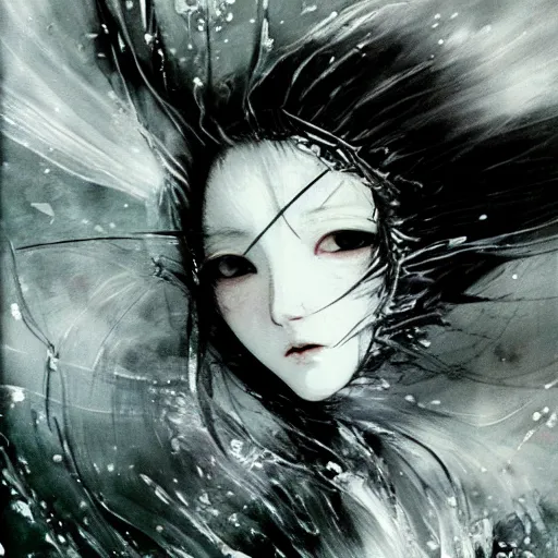 Image similar to yoshitaka amano blurred and dreamy illustration of an anime girl with black eyes, wavy white hair and cracks on her face wearing elden ring armour with the cape fluttering in the wind, abstract black and white patterns on the background, noisy film grain effect, highly detailed, renaissance oil painting, weird portrait angle