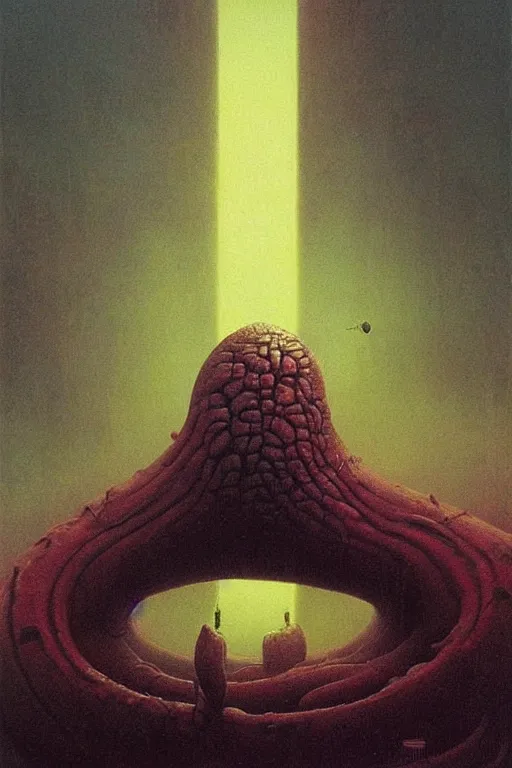 Prompt: there's something strange in my giant banana, close up of giant banana, by zdzislaw beksinski, by dariusz zawadzki, by wayne barlowe, gothic, surrealism, cosmic horror, lovecraftian, cold hue's, warm tone gradient background, concept art, beautiful composition