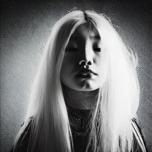Image similar to blurred fashion photo of an asian girl with long white hair and black eyes wearing elden ring armor with abstract black and white patterns in the background, noisy film grain effect, closeup portrait shot, weird camera angle