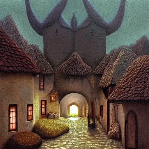 Image similar to scene from a dream. village. digital artwork by vincent bons, michael whelan, remedios varo and gerardo dottori. grainy and rough. interesting pastel colour palette. beautiful light. oil and water colour based on high quality render.