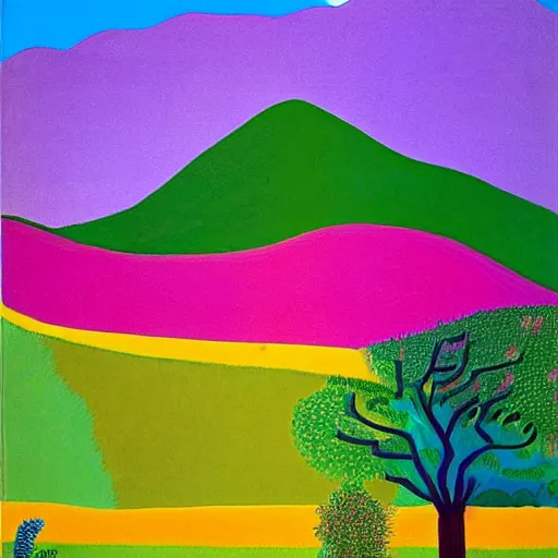 Image similar to a wild modernist landscape painting filled with energy patterns rippling in all directions, mountains, rushing water, saturated colors. David Hockney.