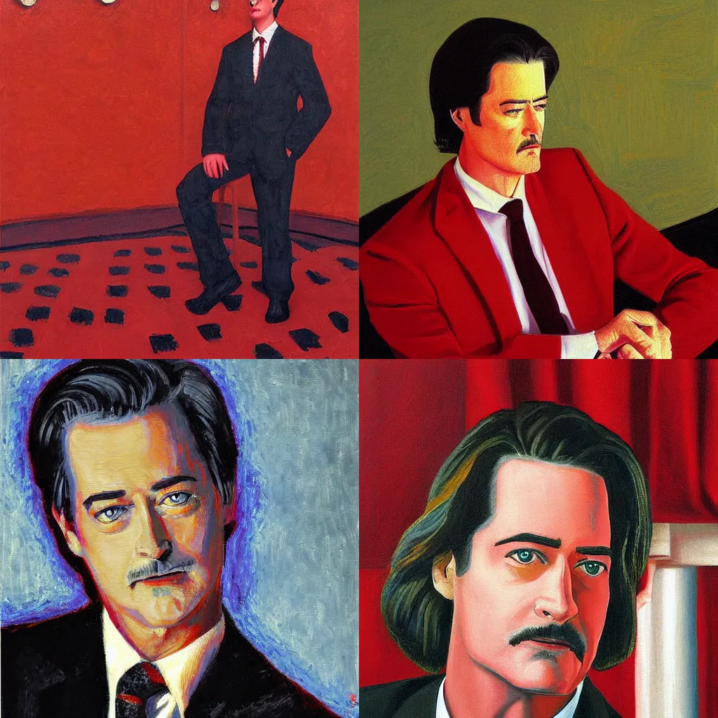 Prompt: painting Kyle MacLachlan Twin Peaks in red room by Hans Baluschek