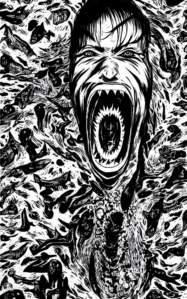 Image similar to Sharknado in the style of junji ito, manga, horror, spirals, faces, sharks, teeth