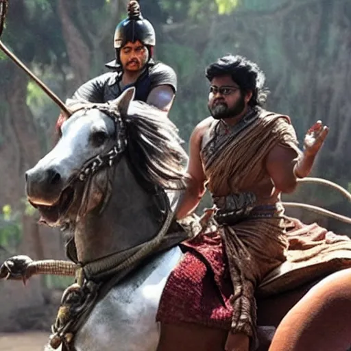 Prompt: tanmay bhat in bahubali ~ on a horse ~