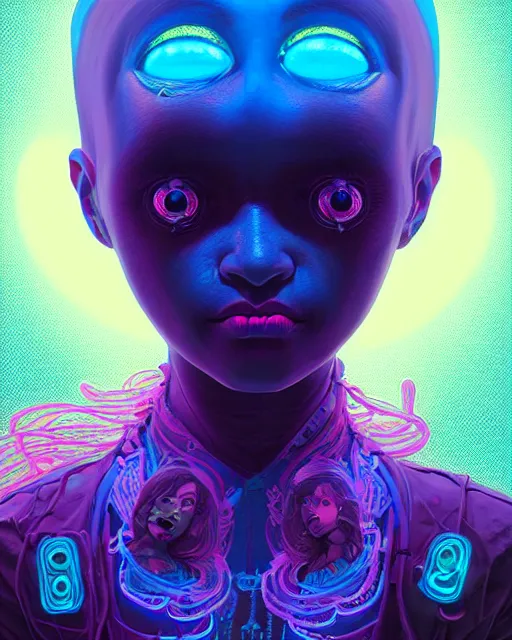 Image similar to portrait of a bioluminescent patchwork doll, highly detailed, digital painting, cinematic, hyper realism, dark retrowave, art by stanley lau and artgerm and james jean, victo ngai, david rubin, mike mignola, laurie greasley, artstation, octane render, cgsociety