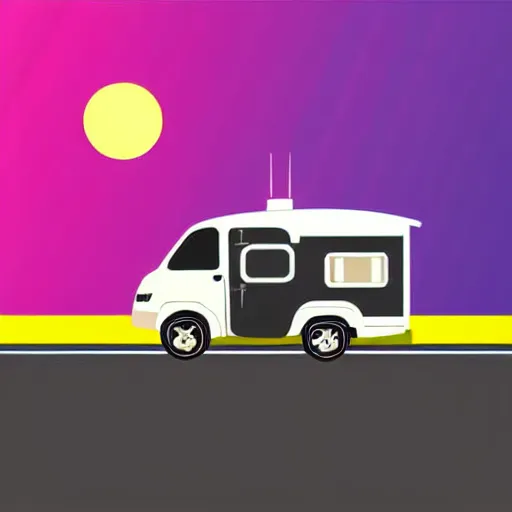 Image similar to stylized vector art featuring a white and black cute thor chateau! motorhome camper!!, highway, mountains and sunset!!, very happy, professional colorful minimal vector art