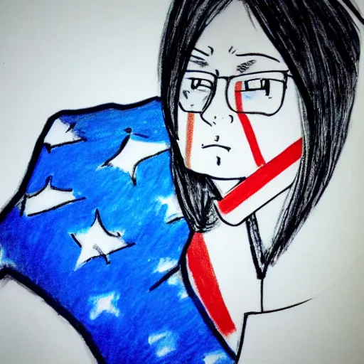 Image similar to a woman in a blue shirt with an american flag on her face, an anime drawing by ei - q, featured on pixiv, superflat, flat colors, anime