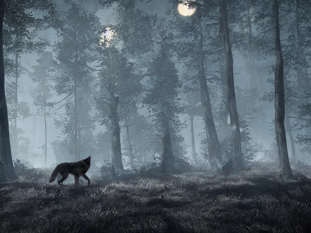 Prompt: a large wolf walking on a dark path through the forest at night under a full moon, 8 k, photorealism, digital illustration, unreal engine 5,