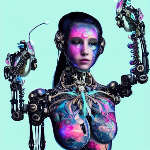 Image similar to an extremely beautiful biomechanical female robot with large emoji tattoos, twins, neon jacuzzi, oppai cyberpunk, chimeric organism, holodeck, pale skin, organic polycarbon, full frontal portrait, highly detailed, transhumanist hydration, symmetrical, mystical, goddess, mechanical, mendelbrot fractal, ray tracing, hyperdetailed, hyperrealistic, zdislaw beksinski, trending on artstation, octane render, hdr, uhd 4k