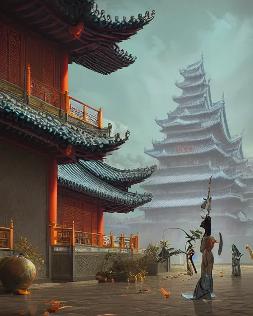 Prompt: tang dynasty palace by peter mohrbacher and dan mumford and nekro, cgsociety, volumetric light, 3 d render