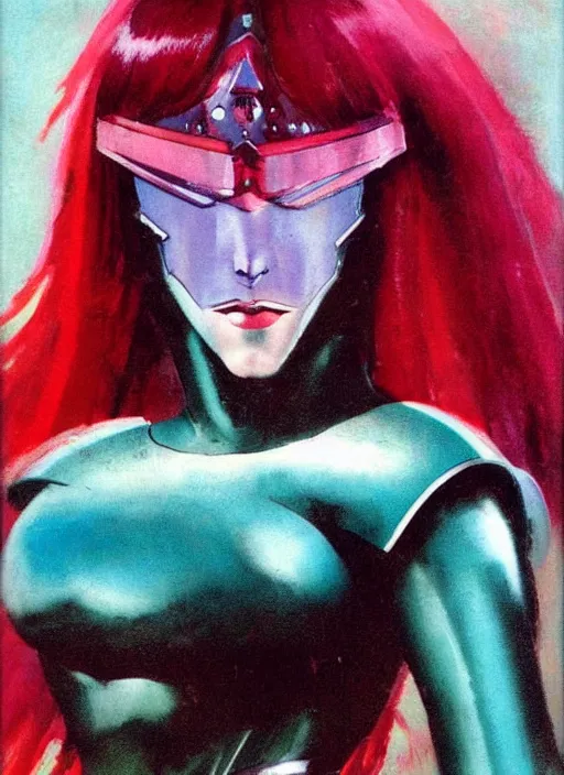 Prompt: portrait of angelic female guardian, vibrant teal and maroon hair, silver armor, strong line, vibrant color, cyberpunk, beautiful! coherent! by frank frazetta, high contrast, minimalism