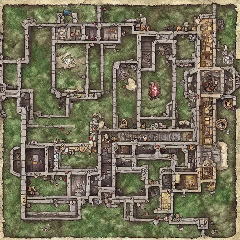 Image similar to full - color fantasy floor plan map of a dungeon, d & d, pathfinder, by jeff todd and greg rutkowski, trending on artstation, pinterest