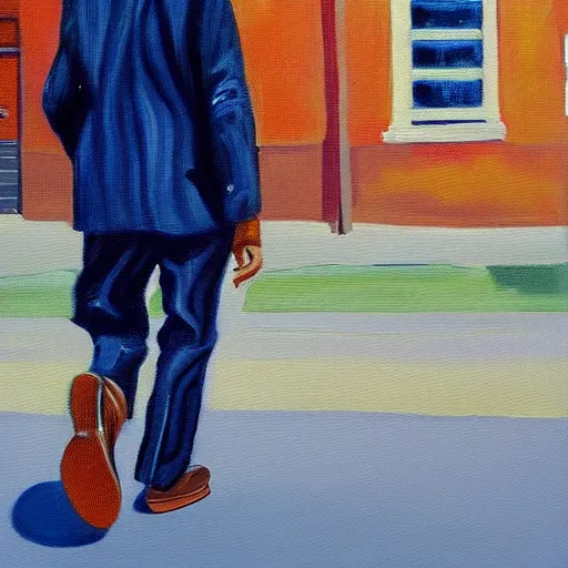 Image similar to A painting of a man with frog feet, walking down the street, photorealistic